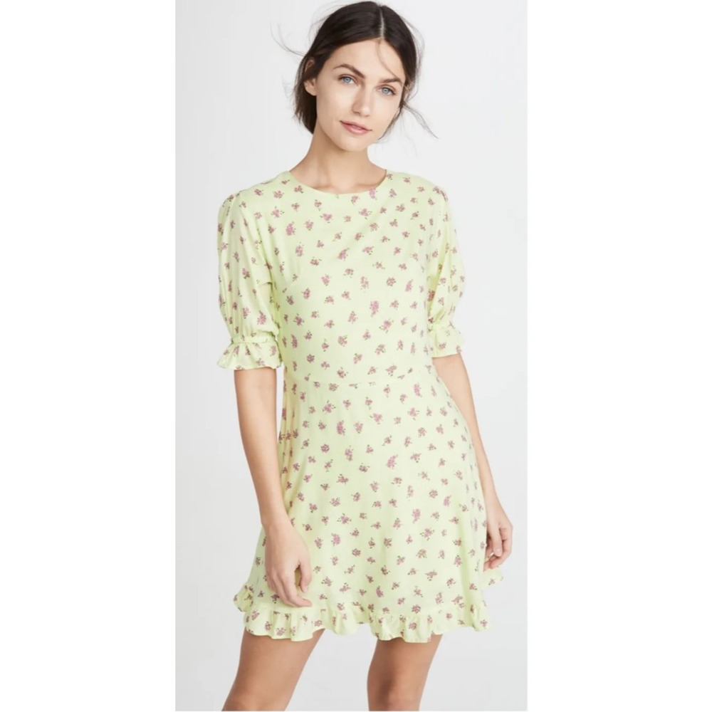 Faithfull The Brand Size S Lime Florence Luda Floral Puff Sleeve Mini Dress NWT